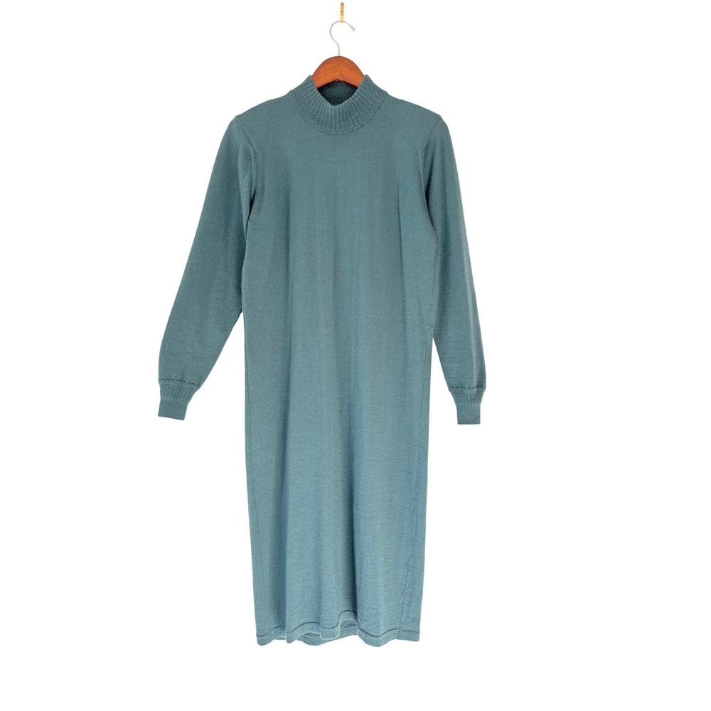 Laura Ashley Vintage Lambswool Mock Neck Sweater Dress Teal Green Medium UK Made